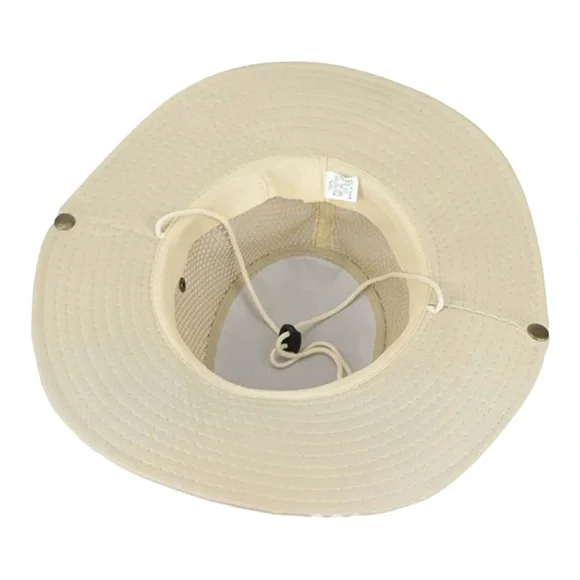 Beige Wide-Brim Outdoor Hat – Mesh Ventilation & Chin Strap - Picture 9 of 10